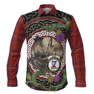Rose Tartan Crest Bagpipe Nessie Long Sleeve Button Shirts Scottish Loch Ness Monster Celtic Thistle