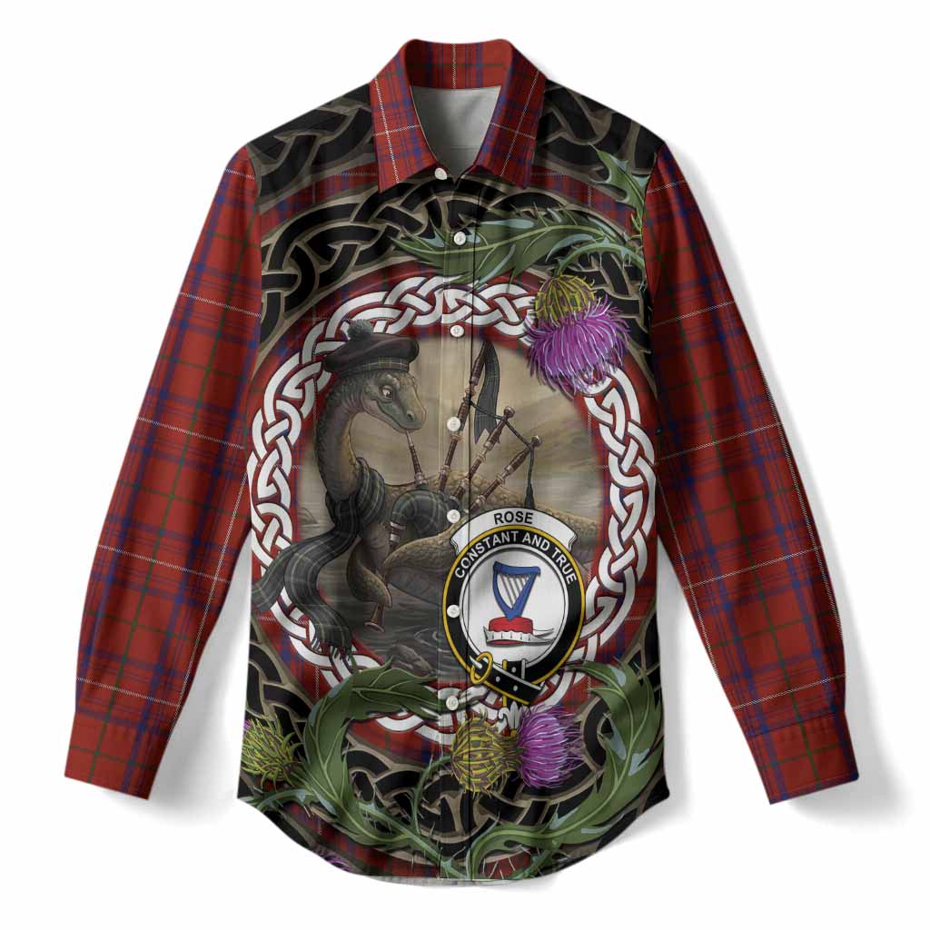 Rose Tartan Crest Bagpipe Nessie Women Casual Shirt Scottish Loch Ness Monster Celtic Thistle