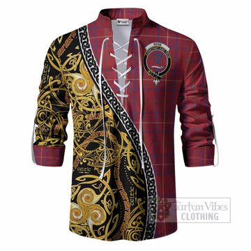 Rose Tartan Crest Ghillie Shirt Celtic Knot and Triple Trickle Spiral Symbols