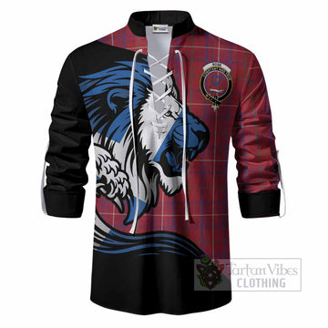 Rose Tartan Crest Ghillie Shirt Scottish Golden Lions Wave Flow