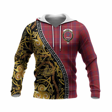 Rose Tartan Crest Knitted Hoodie Celtic Knot and Triple Trickle Spiral Symbols