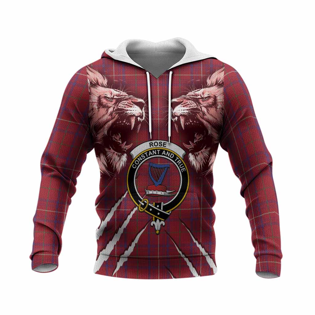 Rose Tartan Crest Knitted Hoodie Ferocious Lion Style