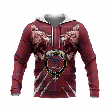Rose Tartan Crest Knitted Hoodie Ferocious Lion Style