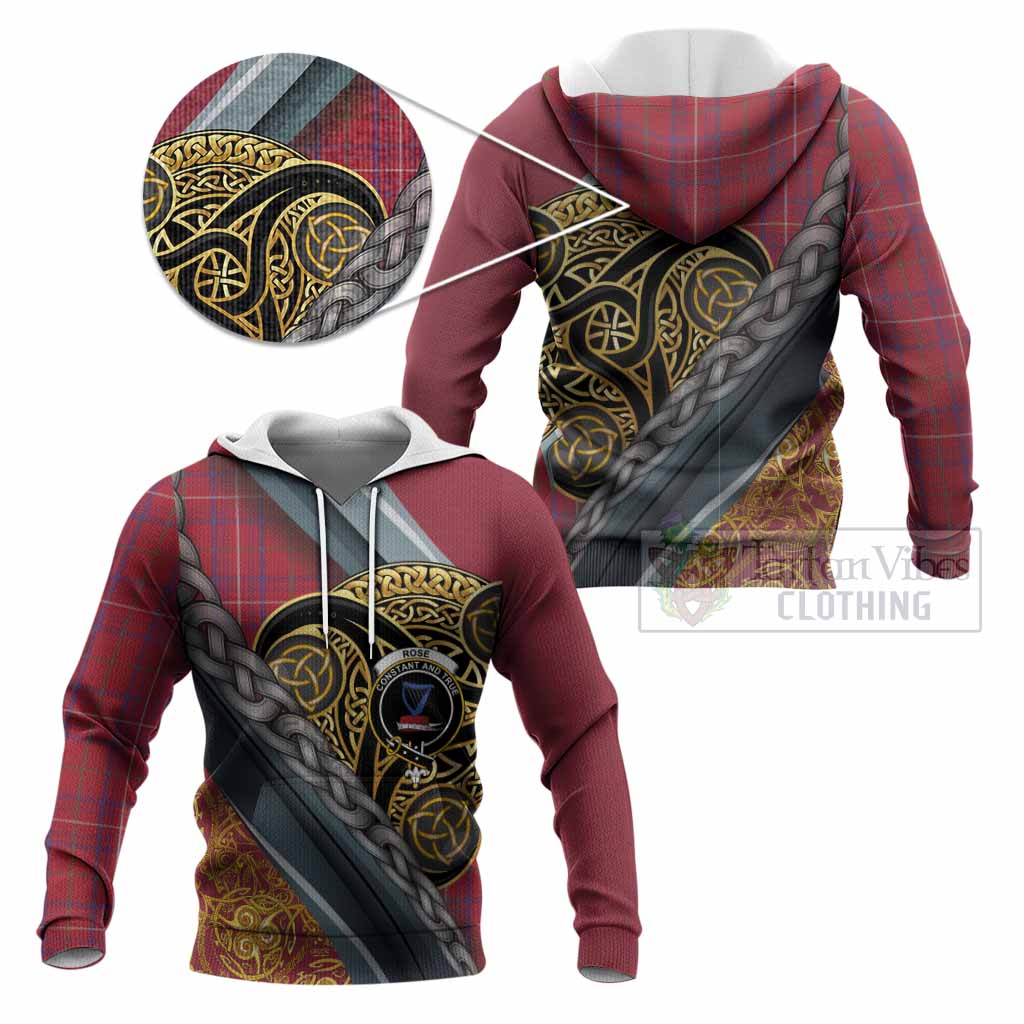 Rose Tartan Crest Knitted Hoodie Scottish Triskele Celtic