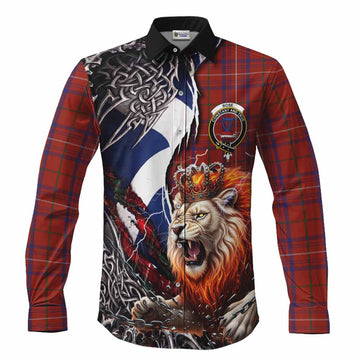 Rose Tartan Crest Long Sleeve Button Shirts Heritage Flag Grunge Celtic Knot and Lion Rampant