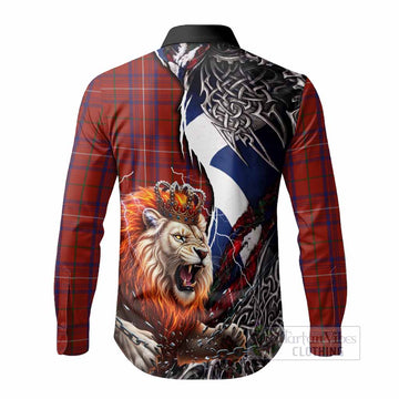 Rose Tartan Crest Long Sleeve Button Shirts Heritage Flag Grunge Celtic Knot and Lion Rampant