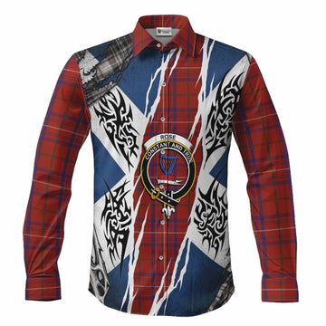 Rose Tartan Crest Long Sleeve Button Shirts Scotland Flag Ripped Tribal Design