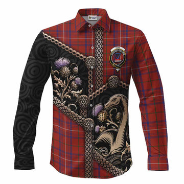 Rose Tartan Crest Long Sleeve Button Shirts Scottish Thistle Loch Ness Monster