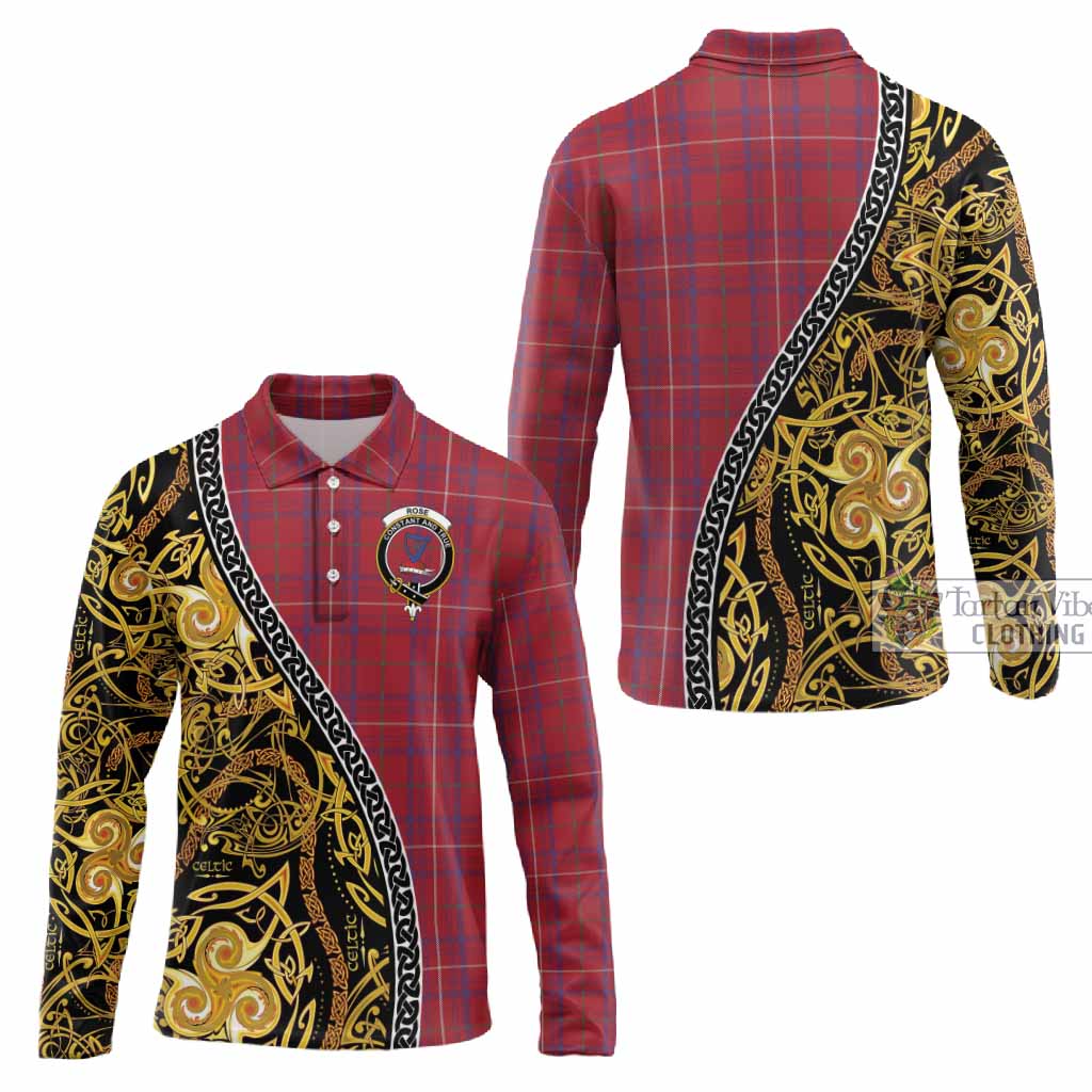 Rose Tartan Crest Long Sleeve Polo Shirt Celtic Knot and Triple Trickle Spiral Symbols