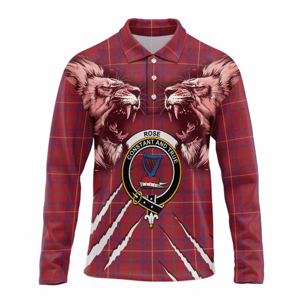Rose Tartan Crest Long Sleeve Polo Shirt Ferocious Lion Style