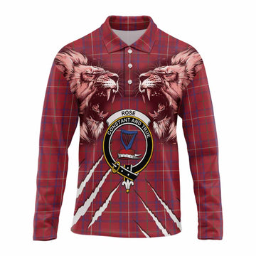 Rose Tartan Crest Long Sleeve Polo Shirt Ferocious Lion Style