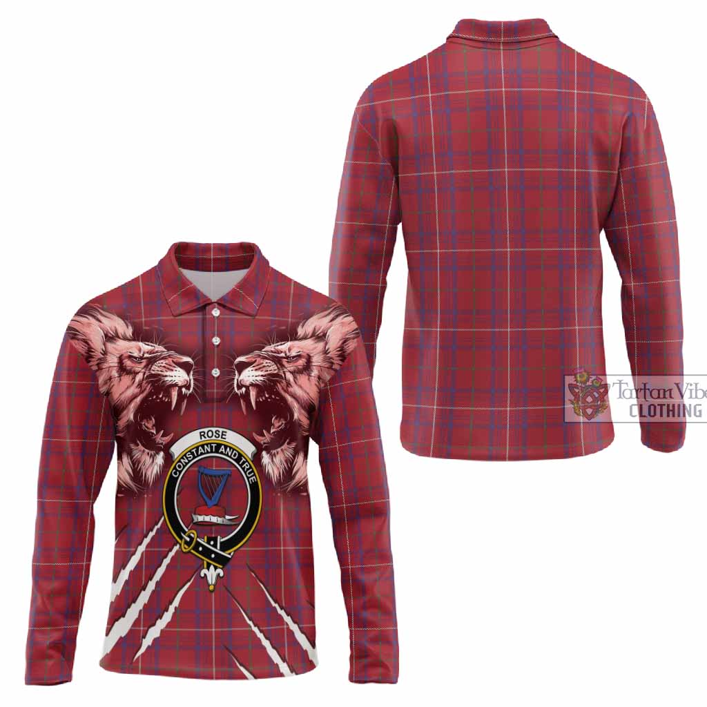 Rose Tartan Crest Long Sleeve Polo Shirt Ferocious Lion Style