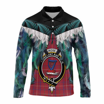 Rose Tartan Crest Long Sleeve Polo Shirt New Zealand Maori Korowai Cloak