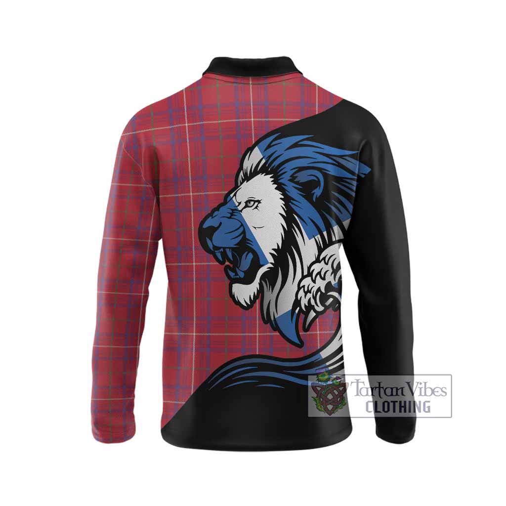 Rose Tartan Crest Long Sleeve Polo Shirt Scottish Golden Lions Wave Flow