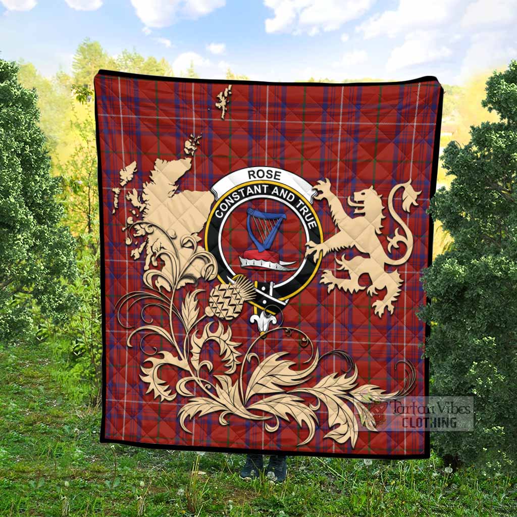 Rose Tartan Crest Premium Quilt with Scottish Iconic Symbols 