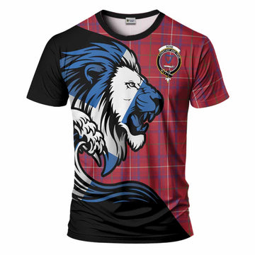 Rose Tartan Crest T-Shirt Scottish Golden Lions Wave Flow