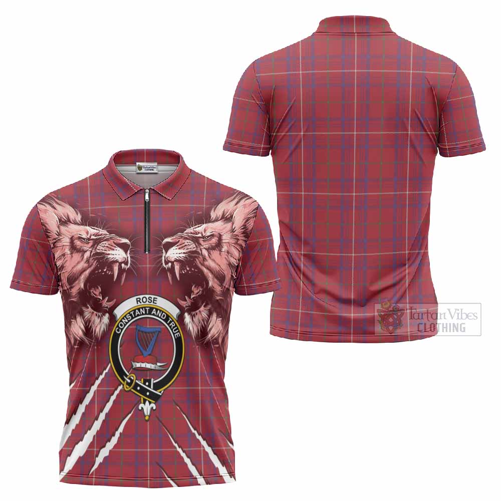 Rose Tartan Crest Zipper Polo Shirt Ferocious Lion Style