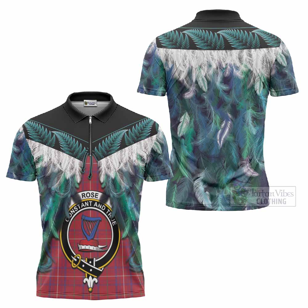 Rose Tartan Crest Zipper Polo Shirt New Zealand Maori Korowai Cloak