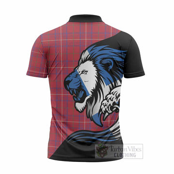 Rose Tartan Crest Zipper Polo Shirt Scottish Golden Lions Wave Flow