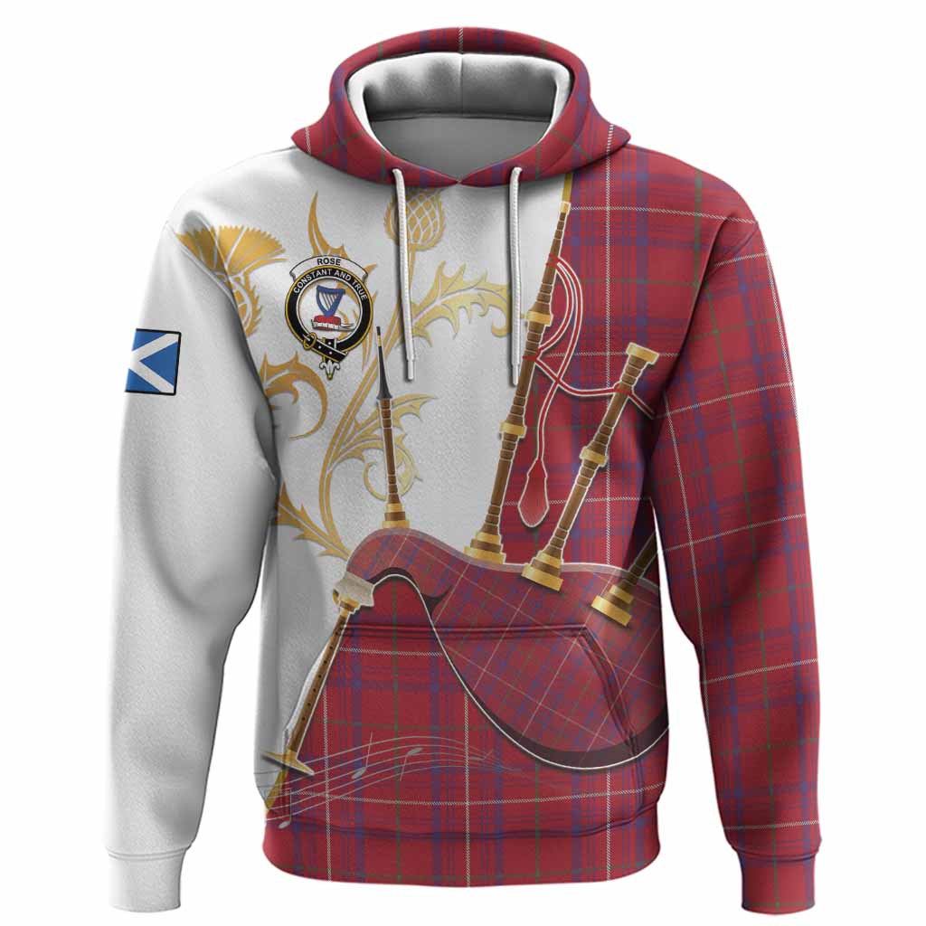 Rose Tartan Family Crest Hoodie Bagpipes with Scottish Thistle