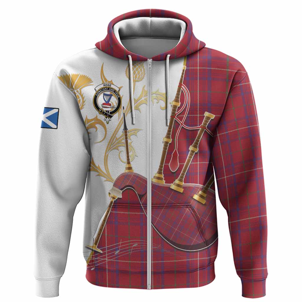 Rose Tartan Family Crest Hoodie Bagpipes with Scottish Thistle
