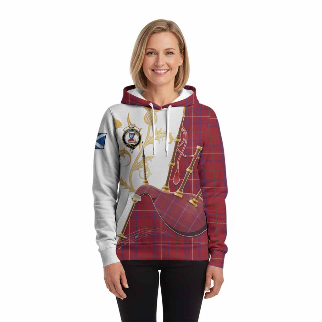 Rose Tartan Family Crest Hoodie Bagpipes with Scottish Thistle