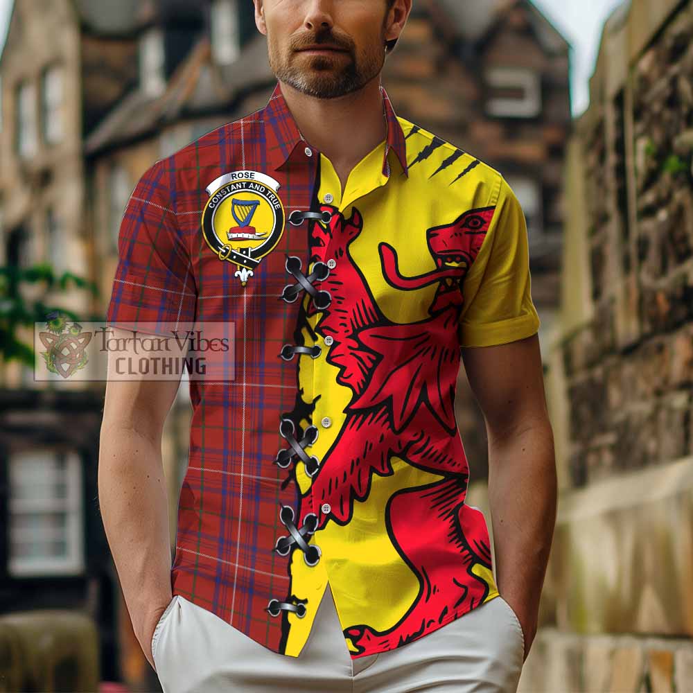 Rose Tartan Family Crest Short Sleeve Button Shirt Lion Rampant Honor - Tartan Vibes Clothing