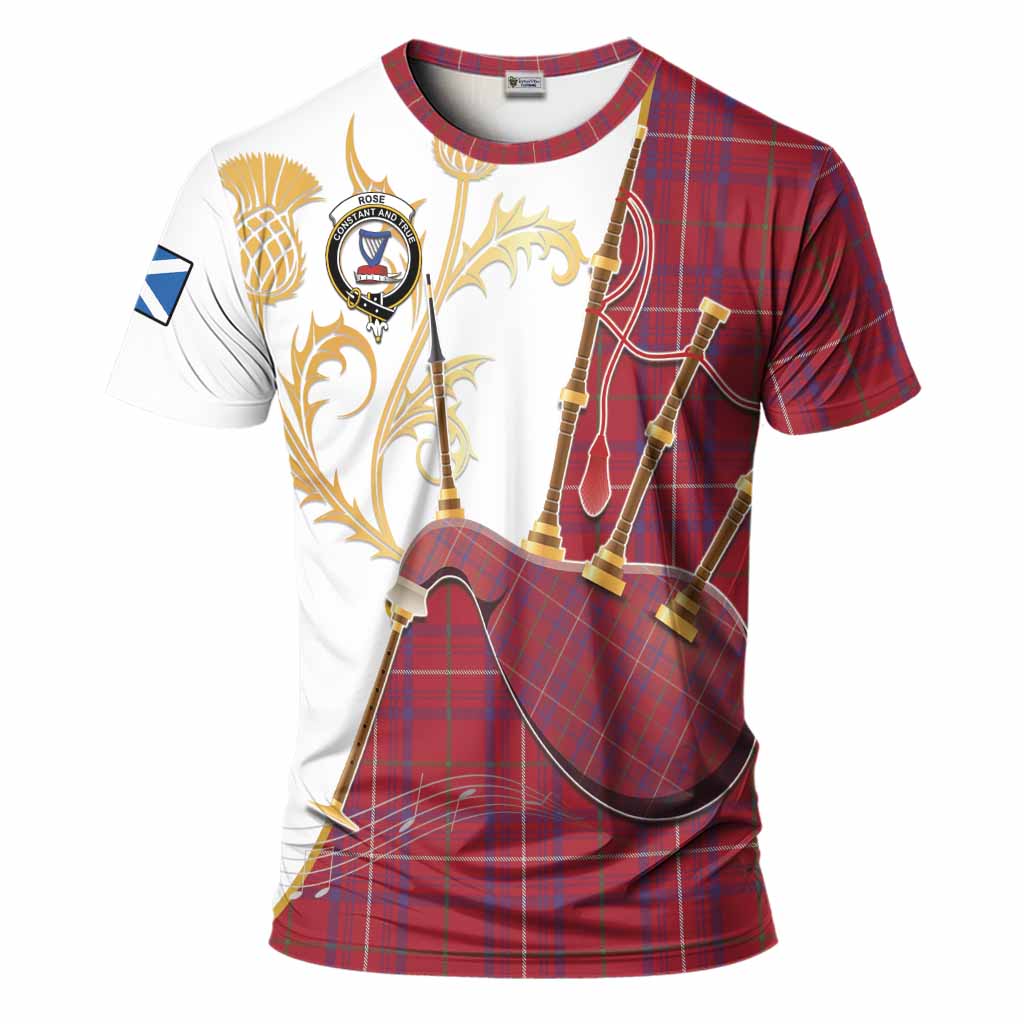 Rose Tartan Family Crest T-Shirt Bagpipes with Scottish Thistle
