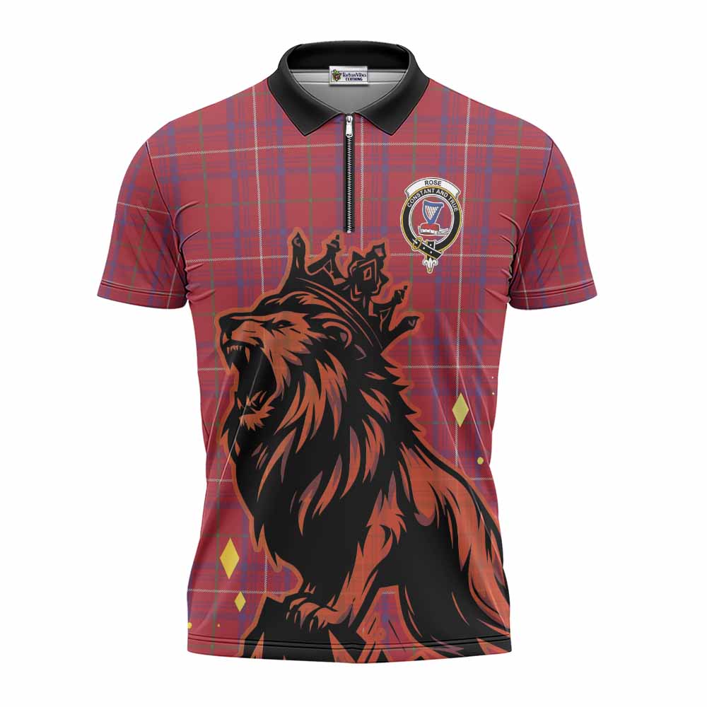 Rose Tartan Family Crest Zipper Polo Shirt Crowned Lion Roaring