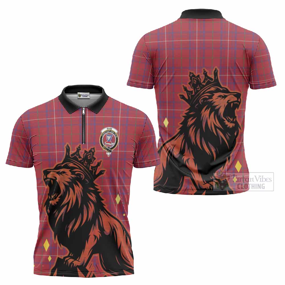 Rose Tartan Family Crest Zipper Polo Shirt Crowned Lion Roaring