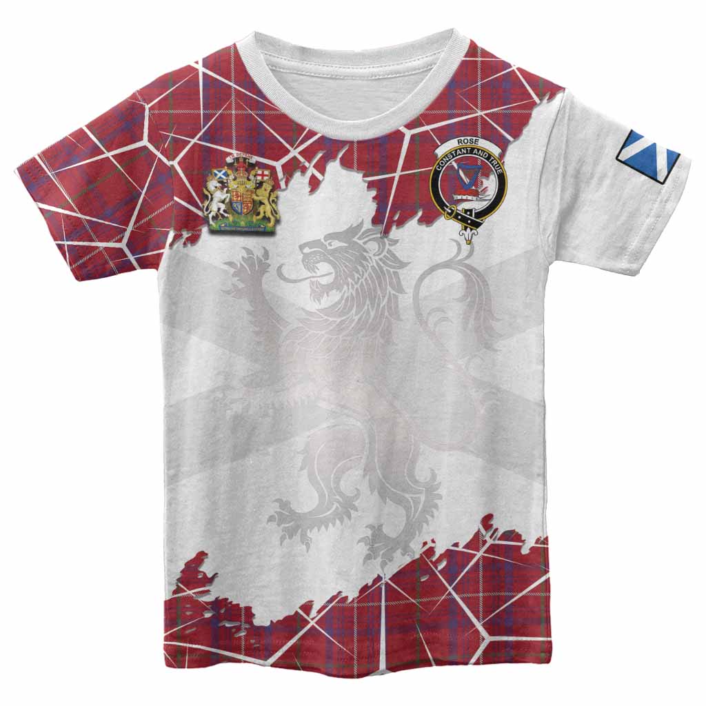 Rose Tartan Kid T-shirt with Family Crest and Lion Rampant Grunge Style
