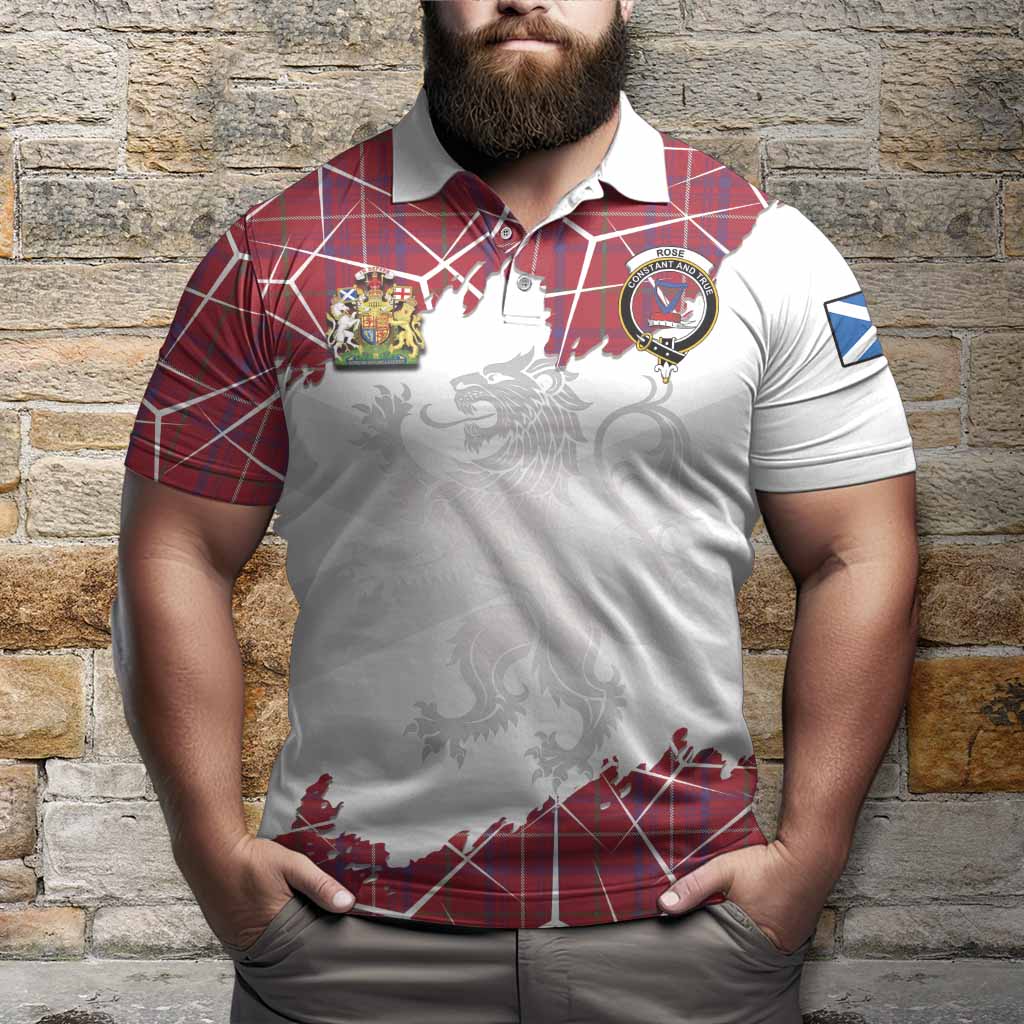 Rose Tartan Polo Shirt with Family Crest and Lion Rampant Grunge Style
