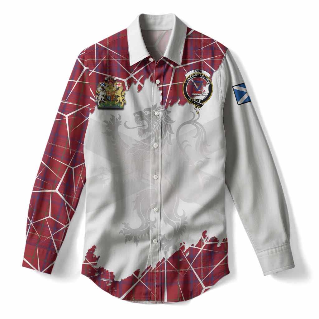 Rose Tartan Women Casual Shirt with Family Crest and Lion Rampant Grunge Style