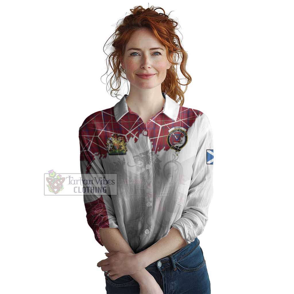 Rose Tartan Women Casual Shirt with Family Crest and Lion Rampant Grunge Style