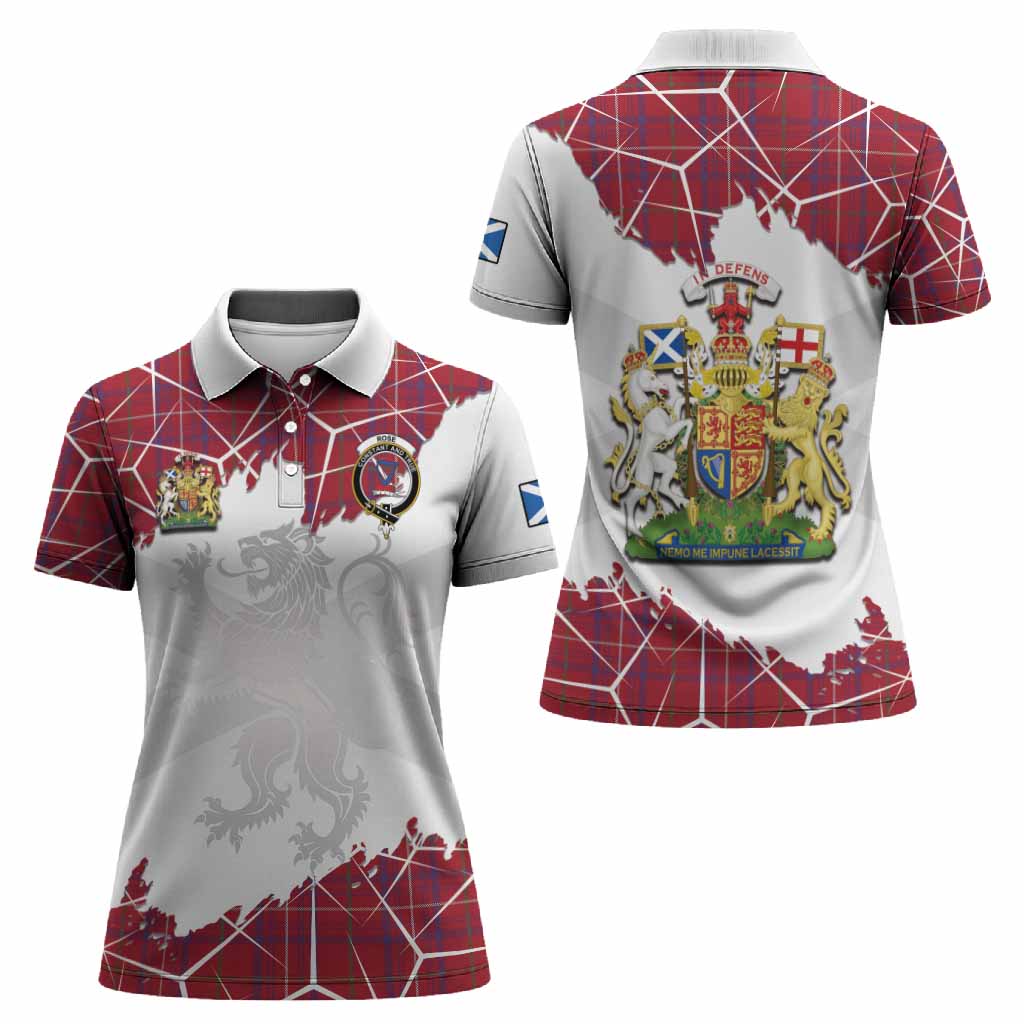 Rose Tartan Women Polo Shirt with Family Crest and Lion Rampant Grunge Style