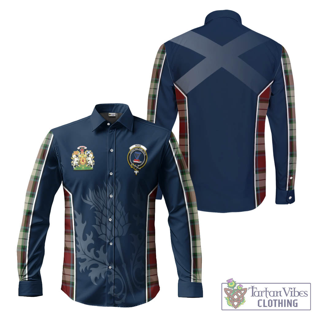 Tartan Vibes Clothing Rose White Dress Tartan Long Sleeve Button Up Shirt with Family Crest and Scottish Thistle Vibes Sport Style
