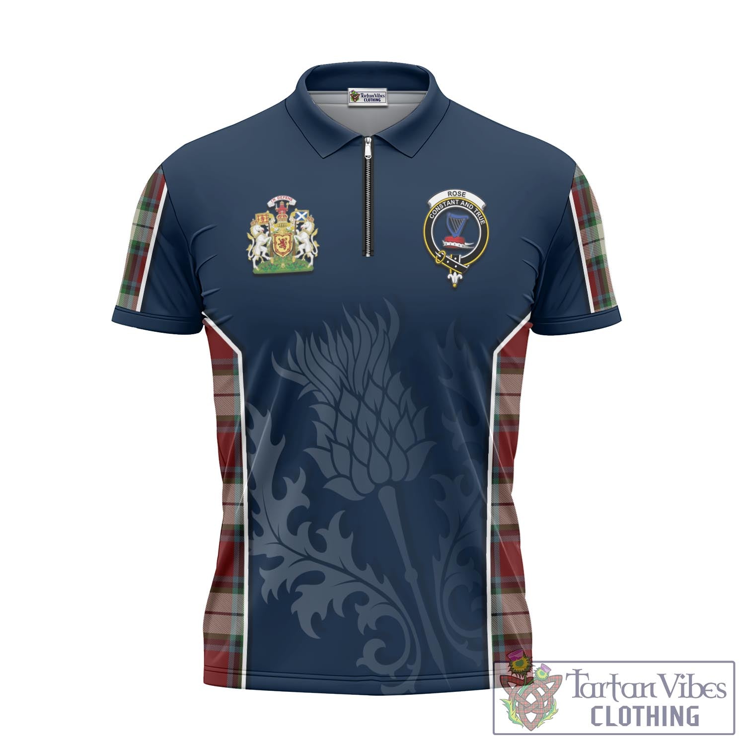 Tartan Vibes Clothing Rose White Dress Tartan Zipper Polo Shirt with Family Crest and Scottish Thistle Vibes Sport Style