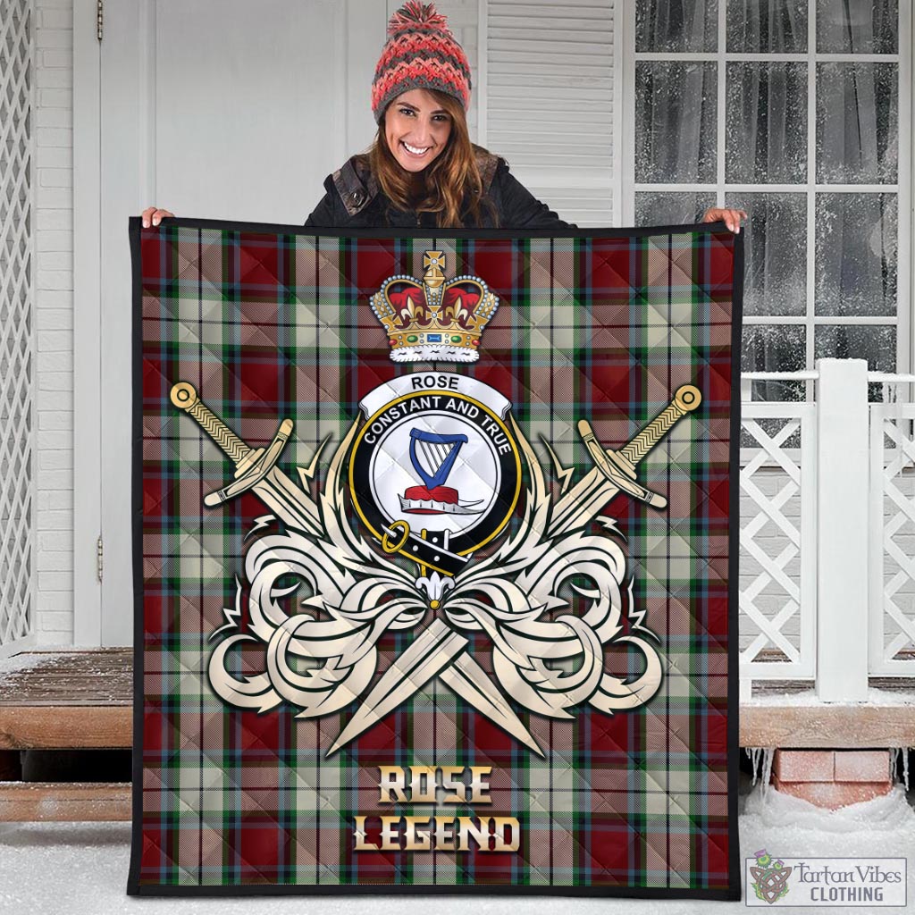 Tartan Vibes Clothing Rose White Dress Tartan Quilt with Clan Crest and the Golden Sword of Courageous Legacy