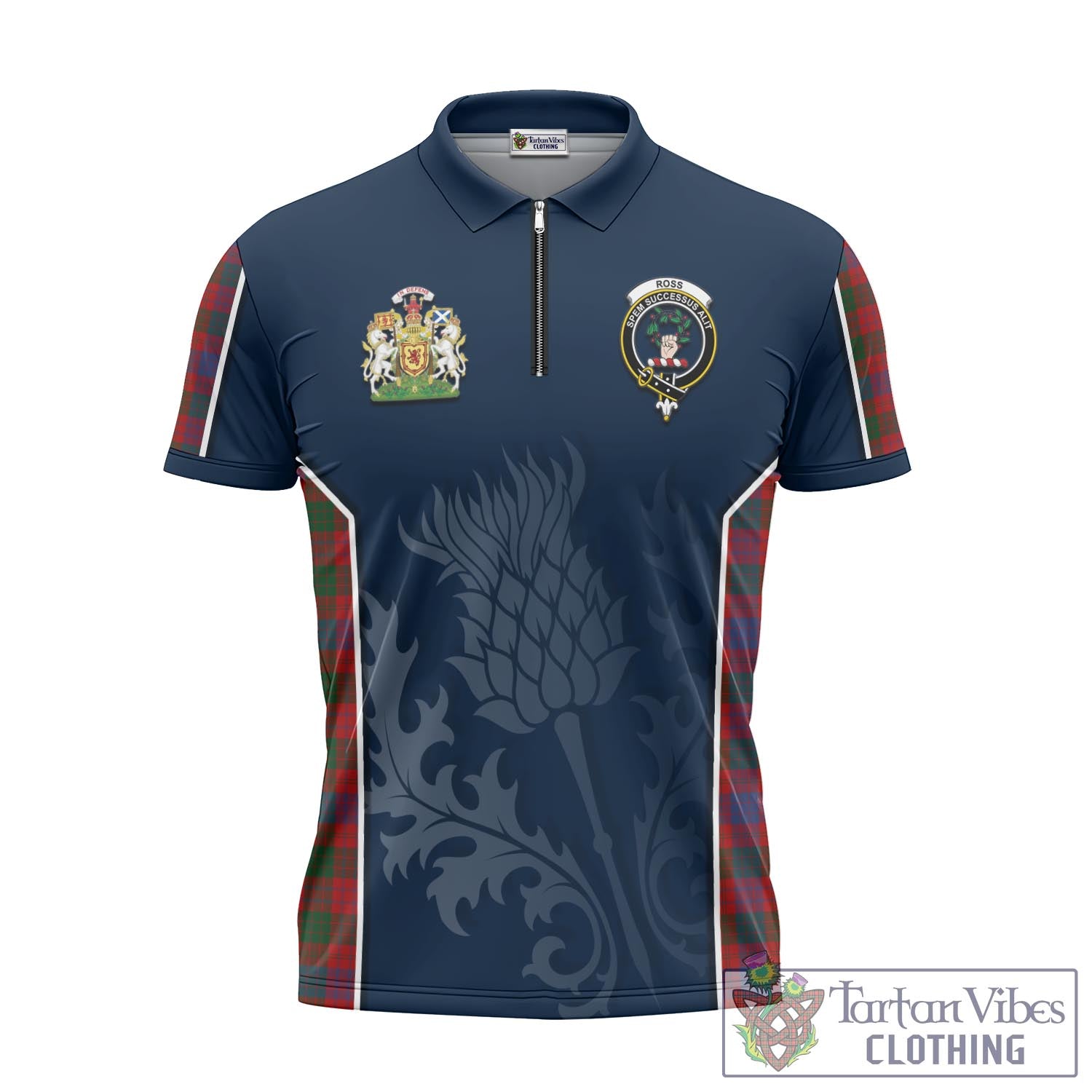 Tartan Vibes Clothing Ross Tartan Zipper Polo Shirt with Family Crest and Scottish Thistle Vibes Sport Style