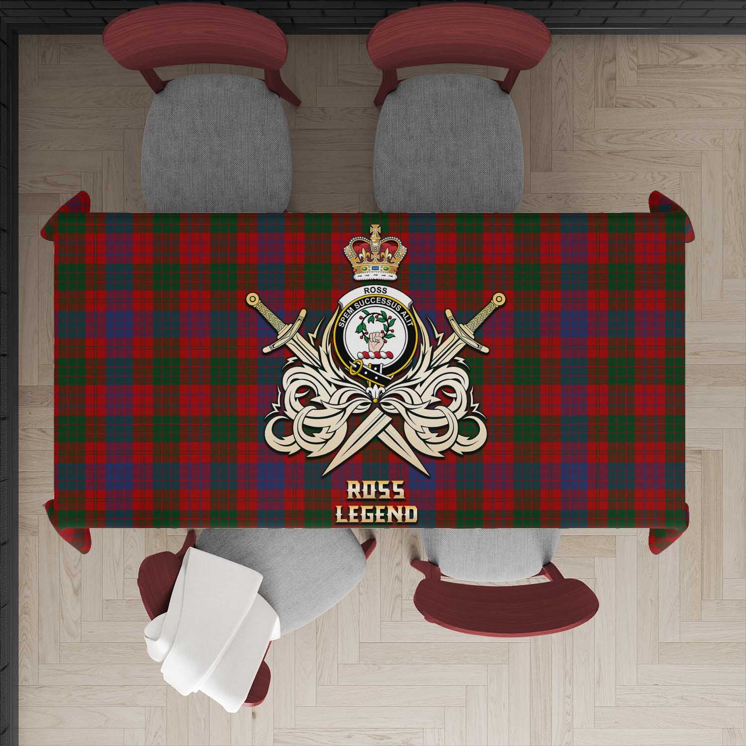 Tartan Vibes Clothing Ross Tartan Tablecloth with Clan Crest and the Golden Sword of Courageous Legacy