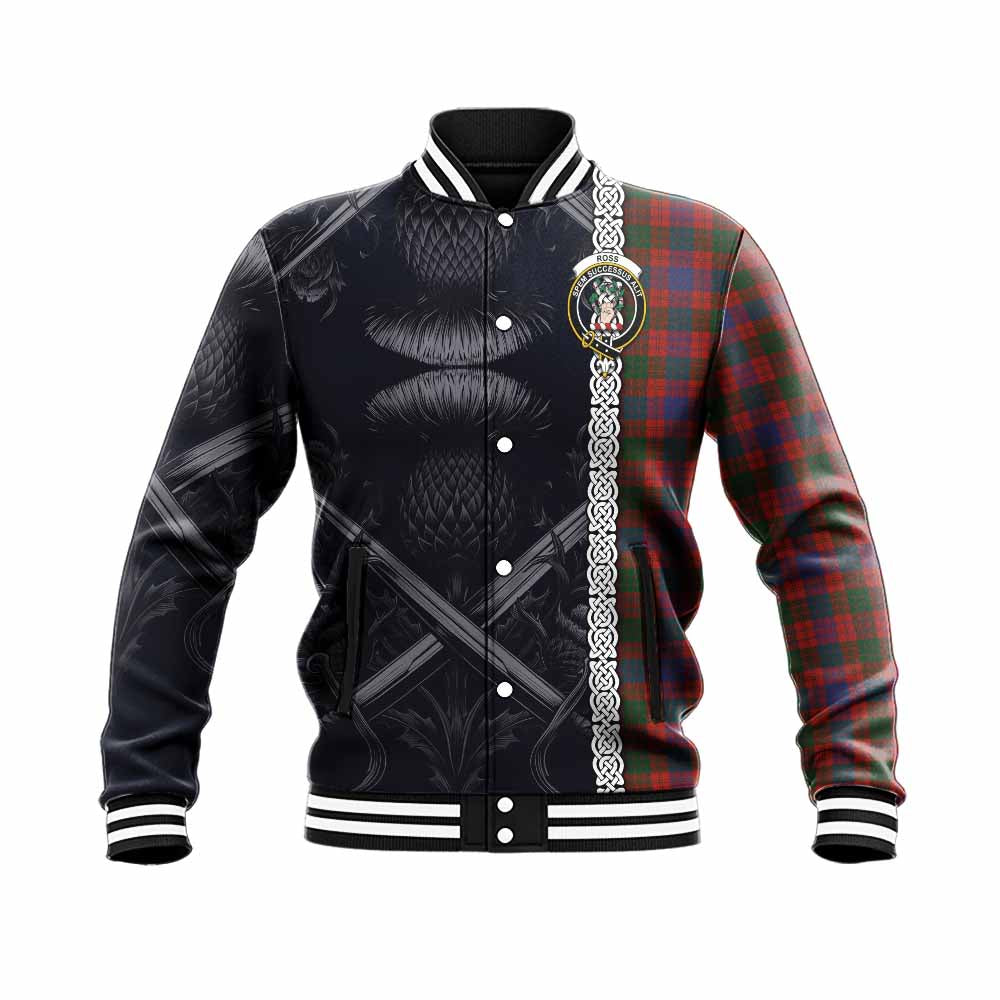 Tartan Vibes Clothing Ross Tartan Baseball Jacket with Family Crest Cross Sword Thistle Celtic Vibes