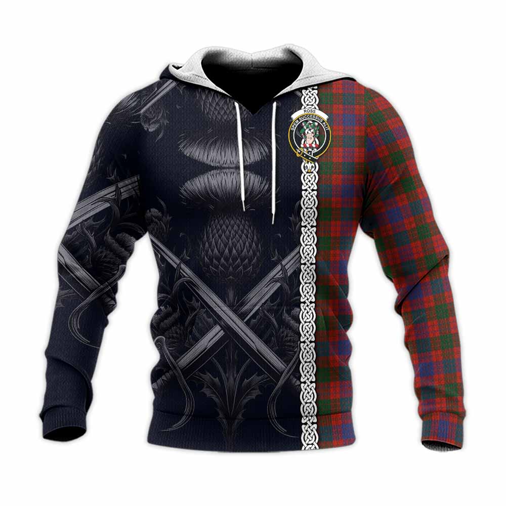 Tartan Vibes Clothing Ross Tartan Knitted Hoodie with Family Crest Cross Sword Thistle Celtic Vibes