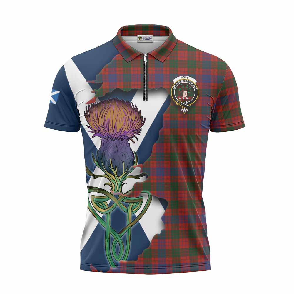Tartan Vibes Clothing Ross Tartan Family Crest Zipper Polo Shirt Scottish Thistle Celtic Inspired