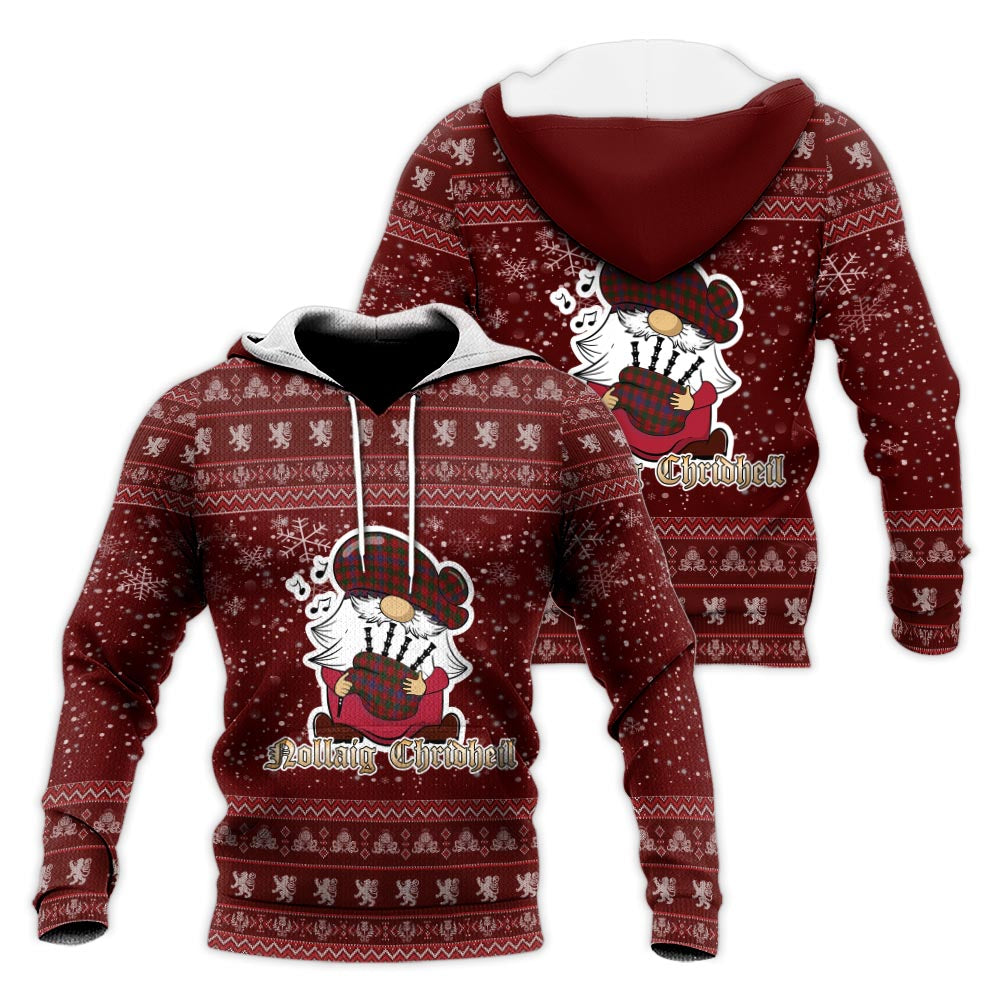 Ross Clan Christmas Knitted Hoodie with Funny Gnome Playing Bagpipes Red - Tartanvibesclothing