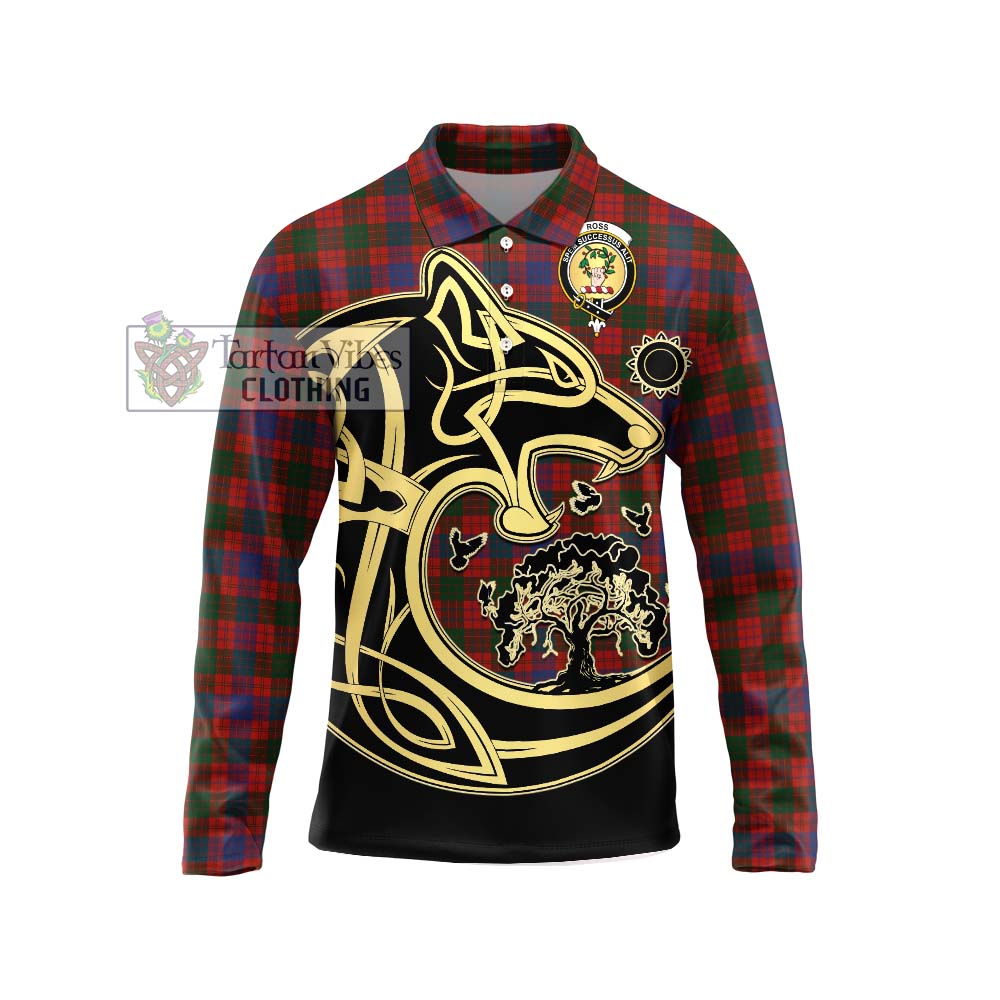 Ross Tartan Long Sleeve Polo Shirt with Family Crest Celtic Wolf Style Unisex - Tartanvibesclothing Shop