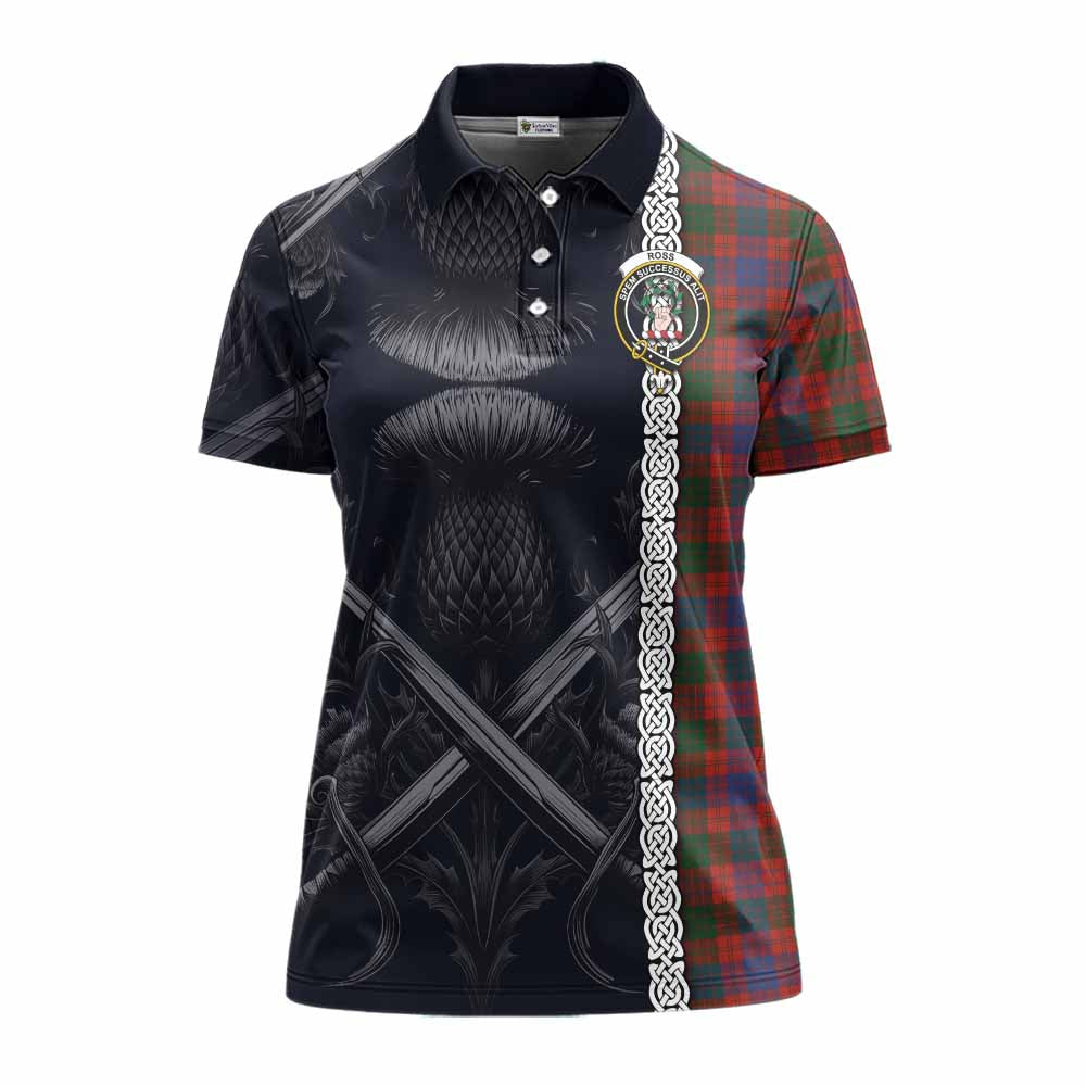 Tartan Vibes Clothing Ross Tartan Women's Polo Shirt with Family Crest Cross Sword Thistle Celtic Vibes