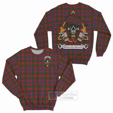 Tartan Vibes Clothing Ross Tartan Sweatshirt with Family Crest and Bearded Skull Holding Bottles of Whiskey