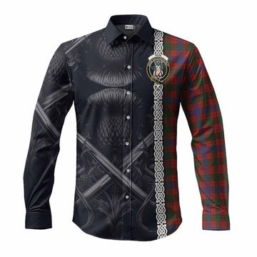 Ross Tartan Long Sleeve Button Shirt with Family Crest Cross Sword Thistle Celtic Vibes