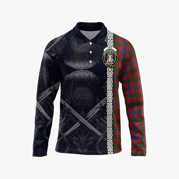 Tartan Vibes Clothing Ross Tartan Long Sleeve Polo Shirt with Family Crest Cross Sword Thistle Celtic Vibes