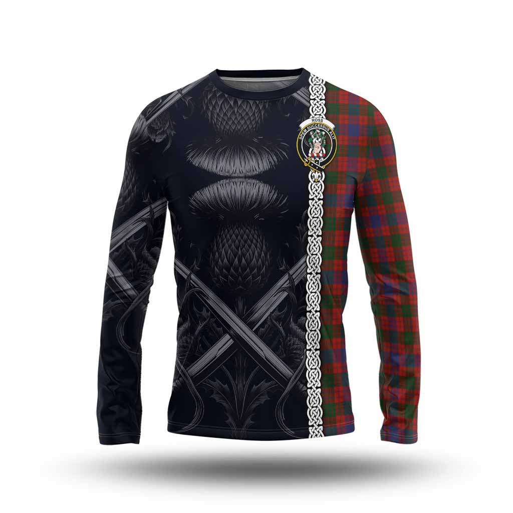 Tartan Vibes Clothing Ross Tartan Long Sleeve T-Shirt with Family Crest Cross Sword Thistle Celtic Vibes